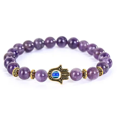 $8.99 • Buy Handmade Hamsa Hand Evil Eye Charm Natural Stone Beads Stretch Bracelet 4 Colors