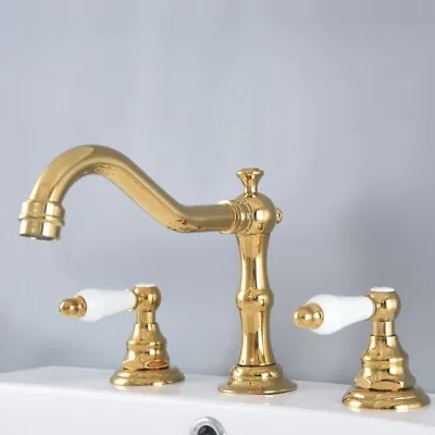 Golden Brass 3 Hole Deck Mount Basin Faucet Bathroom Kitchen Basin Taps Dnf982 • £54