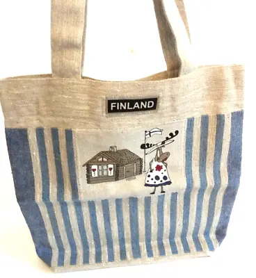 Linen Large Tote Bag Finland Moose With Red Lips 14  By 14  Blue Strip • $24.99