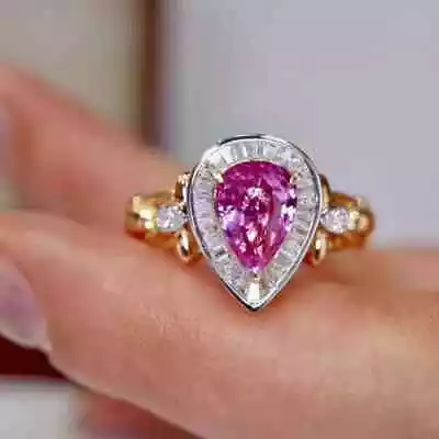 Women's 2Ct Pear Cut Lab Created Pink Sapphire Halo Ring 14K Yellow Gold Plated • $94.50