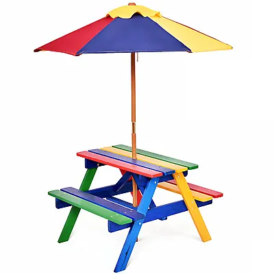 Kids Picnic Table Bench Set Children 4 Seat Activity Play Table With Umbrella • £54.99