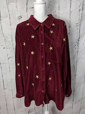Quaker Factory Burgundy Velour Button Front Shirt Blouse Womens Shirt 2X 22-24 S • $25