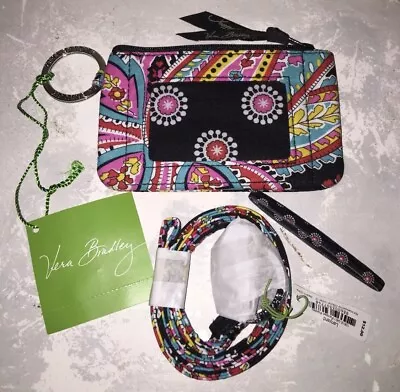 VERA BRADLEY Zip ID & Lanyard PARISIAN PAISLEY Badge Holder Key Ring RARE NWT • $21.95