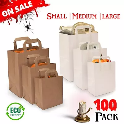 100 Kraft Paper SOS Food Carrier Bags With Handles Brown White Takeaway Party • £16.98