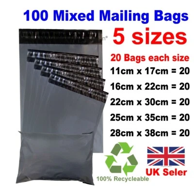 £5.74 • Buy 100 MIXED SIZES Grey Postage/Poly/Postal Mailing Bags/Sacks/Envelopes Self Seal