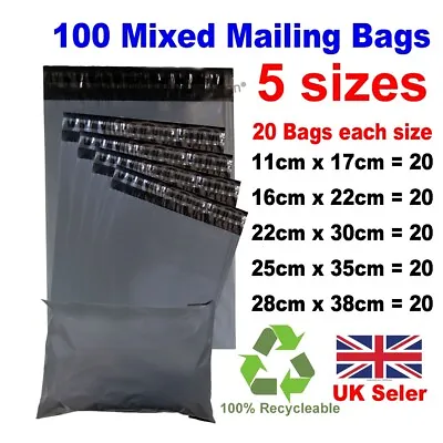 100 MIXED SIZES Grey Postage/Poly/Postal Mailing Bags/Sacks/Envelopes Self Seal • £5.65