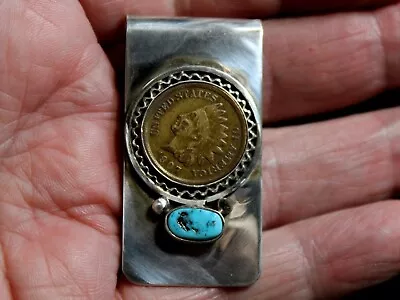 Vintage Navajo Handmade Sterling Silver & Turquoise Money Clip 1907 Indian Penny • $75