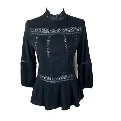 Zara Z1975 Denim Blouse Women Medium Black Long Sleeve Peplum Boho Top Casual • $15