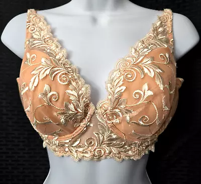 Soma Sensuous Lace Longline Plunge Bra 38C 38 C Tan Shimmer Floral Lightly Lined • £24.08