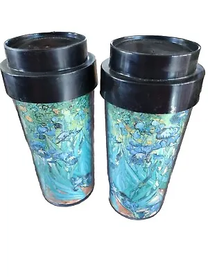 2 New Plastic Vincent Van Gogh Irises Famous Art 12 Oz Insulated Cups With Lids. • $9.99