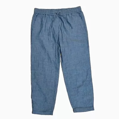 J Crew Chambray Blue Drawstring Pants Women Sz 8 Cuffed Straight Casual Comfort • $18