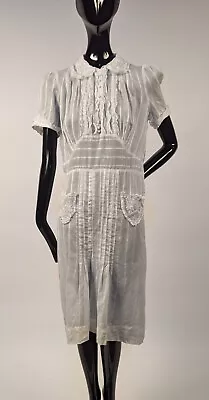 Flapper 1920’s White Striped Cotton Dress W Embroidery + Ruffles • $95