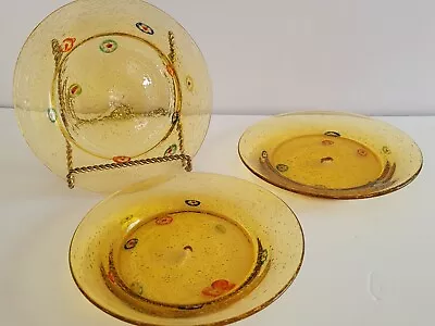 3 Millefiore Yellow Round Hand Blown Art Glass Plates Heavy • $45