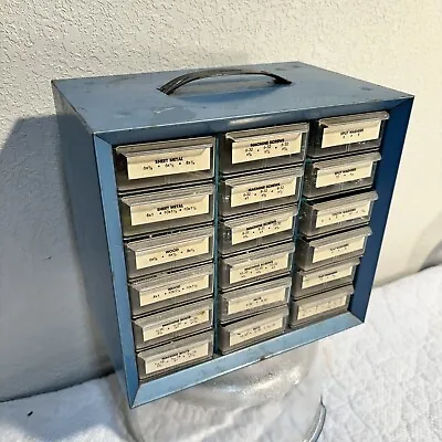 Vintage AKRO-MILS Blue Metal 18 Drawer Storage Organizer Cabinet 10x10x6-1/2” • $30