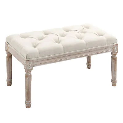 HOMCOM Accent Bench Tufted Upholstered Foot Stool Linen-Touch Ottoman Beige • £61.99