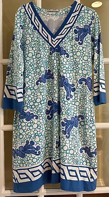 Barbara Gerwit Sz XL Tunic Dress Blue Octopus Nautical 3/4 Sleeve V Neck Stretch • $39