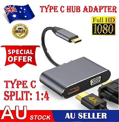 $37.88 • Buy 4in-1 Type C Hub USB 3.0 Charging Port,USB-C To 4K HDMI VGA Dual Display Adapter