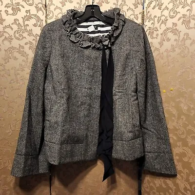 J. Crew Black Gray Ruffle Neck Tie Herringbone Tweed Jacket Size 10 • $29.99