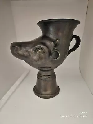 $60 • Buy Vintage Bronzed Metal Cow Head Rython Pegan Ritual Drinking Vessel