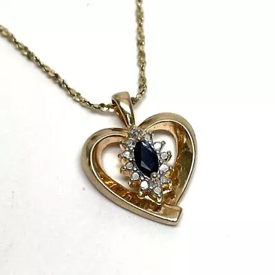 24  Gold Over Sterling Vermeil Blue Sapphire & Diamond Heart Pendant Necklace • $19.99