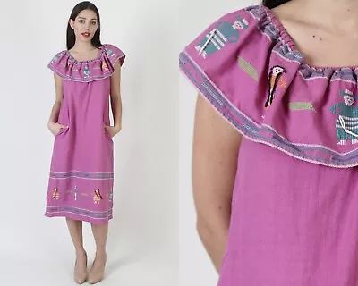 Vtg Guatemalan Purple Mid Weight Fiesta Mexican Dress Aztec Embroidered Pockets • $74.10