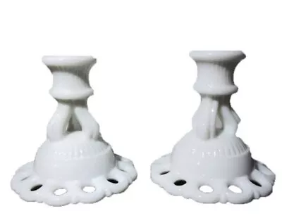 Westmoreland Doric Lace Milk Glass Candleholder Candlestick Pair • $19.79