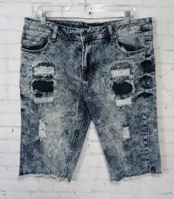 CJ Black Shorts Mens 34 Blue Acid Wash Cotton Denim Cutoff Look Jeans Distressed • $22.50