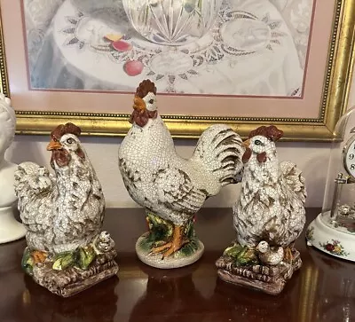 Set Of 3 Majolica Roosters And Lil Chickies New Msrp $75  • $48