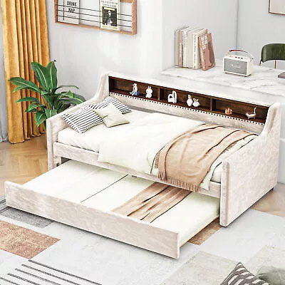 Twin Size Snowflake Velvet Daybed Frame Sofa Bed W/Trundle Storage Shelves Beige • $465.99