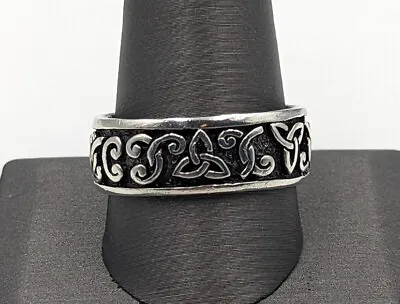 Men's Vtg 925 Silver Irish Celtic Triquetra & Symbols 8.6 Mm Band Ring Sz 12.25 • $52.19