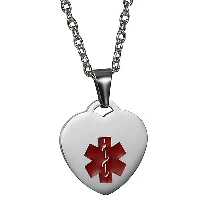 Stainless Steel Heart Medical ID Symbol Dog Tag Pendant Necklace Free Engraving • $8.99