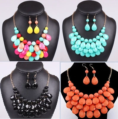 $9.99 • Buy Bosnian Briolette Teardrop Bead Bubble Bib Statement Necklace & Earrings Set P26