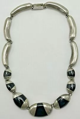 Vintage Taxco Mexico Sterling Silver Black Onyx Collar Necklace TH-140 Bean Oval • $299.95