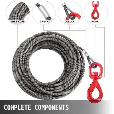 Wire Rope Winch Cable 3/8 Inch 100Ft 4400Lbs Fiber Core Self Locking Swivel Hook • $53.71