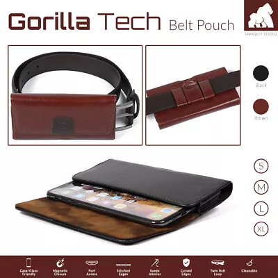 Mobile Phone Genuine Leather Belt Pouch Holster Twin Loops Strong Magnetic Flip • £6.99