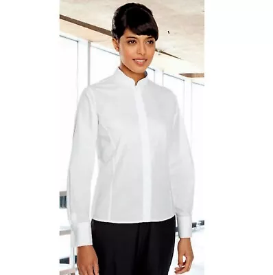 Womans Office Shirt White Mandarin Collar Blouse Concealed Button Work Formal • £10.95