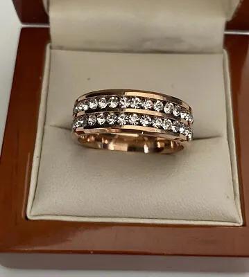 2Row Rose Gold Cubic Zircon Men's Wedding Band Titanium Stainless Steel Ring • £5.99