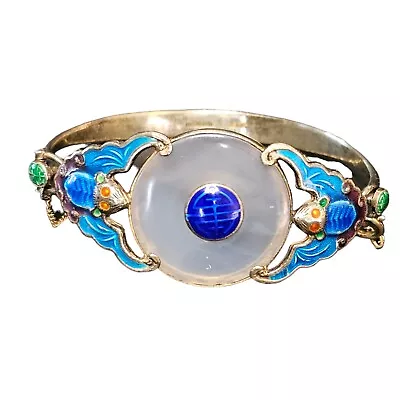 Vintage Chinese Bracelet Silver Guilloche Enamel Bat Lucky Enamel Quartz • $206.10