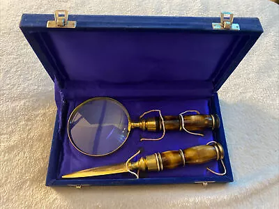 Vintage In Case Magnifying Brass & Wood Glass & Letter Opener Set • $38.99