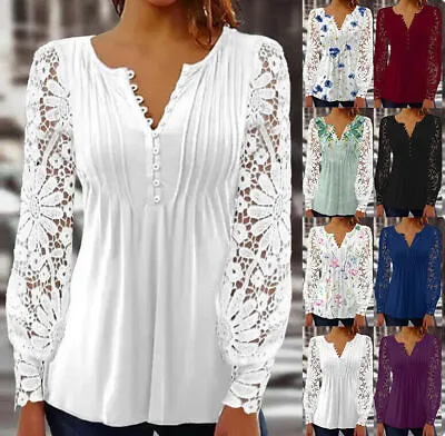 Women's Lace V-Neck Tops T-Shirts Ladies Long Sleeve Casual Blouse Tee Plus Size • £13.94