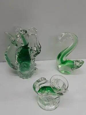 Vtg Art Glass Squirrel & Acorn Swans Figure Clear Green Heavy Weight Murano? • $25.88