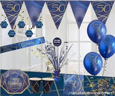 50th & Happy Birthday Navy Blue Gold Party Decorations Bunting Banners Balloons • £3.25