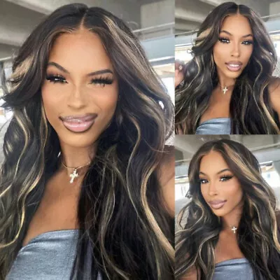 Mongolian Highlight Blonde Body Wave 13x4 Lace Front Human Hair Wig Skunk Stripe • $123.59