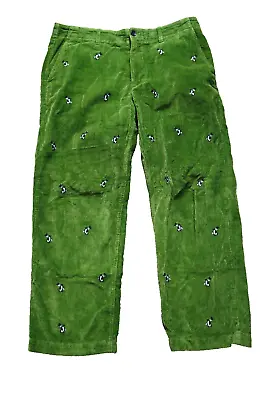 J. CREW EMBROIDERED GOLFING PENQUINS CORDUROY MENS 34  X 30  GREEN PANTS COTTON! • $57.50