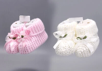 £3.99 • Buy Baby Girls Booties With Flower Soft Knitted Bootees Baby Socks 0-6 Months