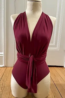 Lenny Niemeyer Solid Burgundy Tie Waist Low Cut Burgundy Maroon Swimsuit NEW XS • $75