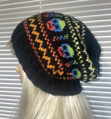 Hand Knitted Slouch Hat Beanie Black Multicoloured Fair Isle Skulls Goth Grunge • £14