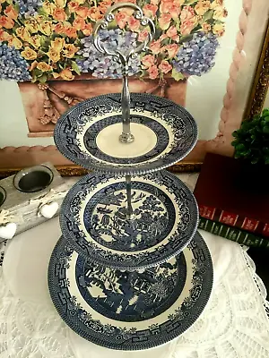 NEW 3 Tier Vintage Blue Willow CAKE STAND England  For High Tea Wedding Party  • $39.95