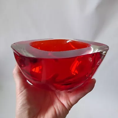 Big Vintage Large Murano Glass Geode Bowl. Red Cased Clear Rounded Square A/F • £13