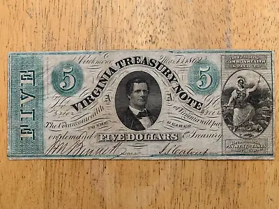 1862 Virginia Treasury Note Richmond $5 Five Dollar • $49